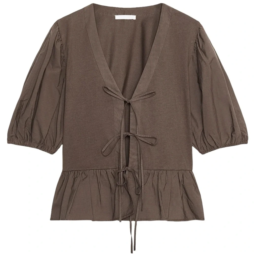 Zara Brown Tie Oversized Puff Sleeve Peplum Top NWT Costal Cowgirl Boho Feminine - Picture 5 of 10